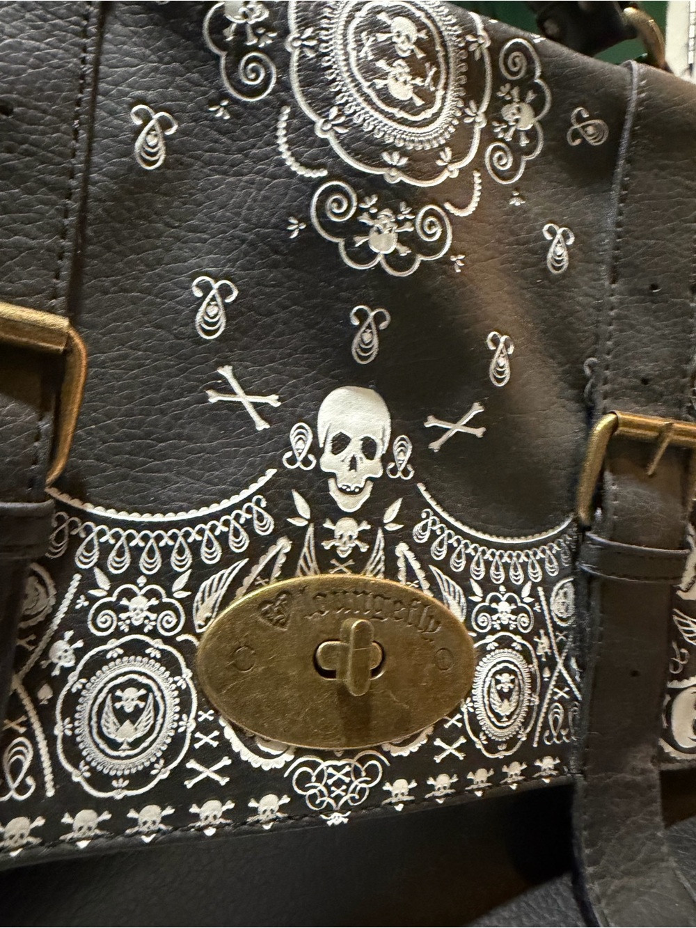 Loungefly Black Skull Print Messenger Bag with Brass Accents - Picture 2 of 9